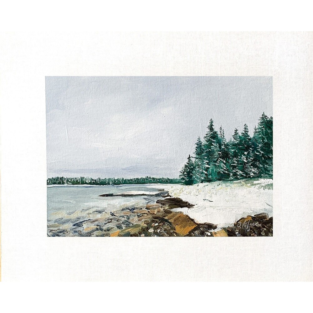 8x10 Maine Original Oil Landscape Painting Acadia in Winter Snow Atlantic Signed